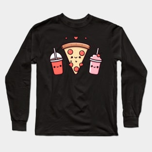 Kawaii Food Art with Pizza, Cola, Strawberry Milkshake, and Hearts | Cutesy Kawaii Long Sleeve T-Shirt